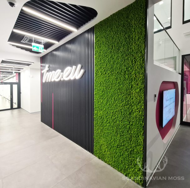 Reindeer moss wall next to company logo